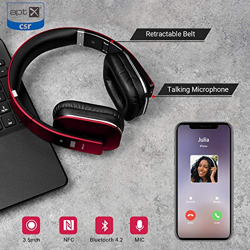 August EP650–Auriculares Bluetooth Inalámbrico–Auriculares Diadema Casco Plegable-Sonido Estéreo Bass Rich-Auriculares Orejeras Cómodas con NFC y aptX,Color Rojo