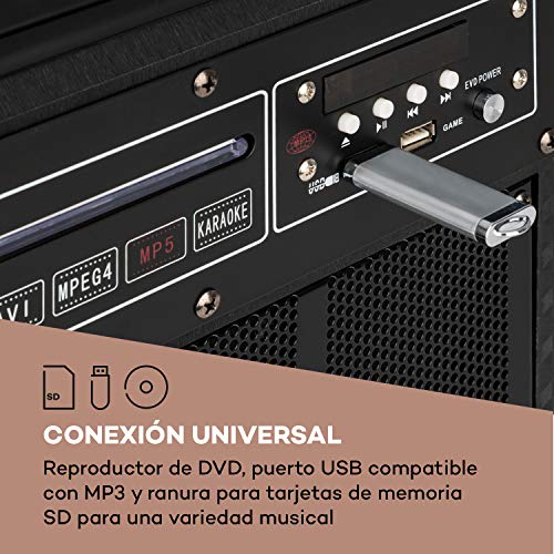 auna DisGo Box 100 DVD - Equipo de PA portátil , 300 W máx. , Pantalla TFT de 9" , DVD , Bluetooth , Asa de Carrito Extensible , 2 micrófonos UHF , Negro