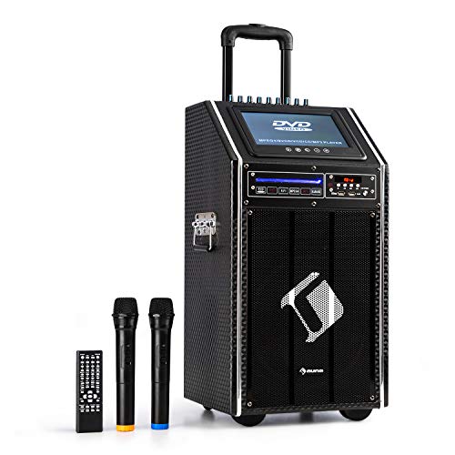 auna DisGo Box 100 DVD - Equipo de PA portátil , 300 W máx. , Pantalla TFT de 9" , DVD , Bluetooth , Asa de Carrito Extensible , 2 micrófonos UHF , Negro