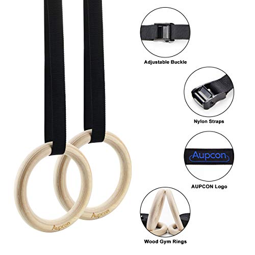 AUPCON Anillos de Gimnasia de Madera para Ejercicios de Aptitud - Anillas de Deporte para Gimnasia en Casa, Levantamientos Musculares y Entrenamiento (1.25in)