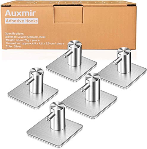 Auxmir 5 Piezas Ganchos Adhesivos, Soporte de Pared para Toallas de Baño, Cocina y Baño, Acero Inoxidable 304, Adhesivo 3M, Plata