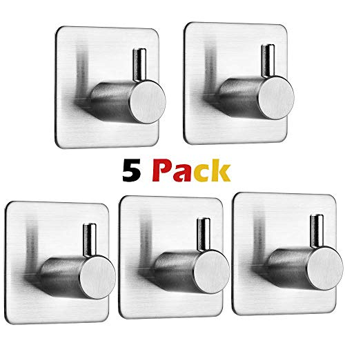 Auxmir 5 Piezas Ganchos Adhesivos, Soporte de Pared para Toallas de Baño, Cocina y Baño, Acero Inoxidable 304, Adhesivo 3M, Plata