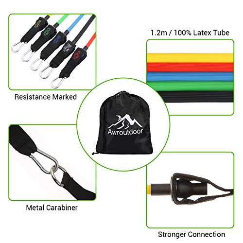 Awroutdoor Bandas Elásticas de Resistencia, Bandas de Fitness Set, 5 Tubos de Látex con Asas, Correas de Tobillo, Fortalecedor de Manos y Anclaje para Puerta, para Culturismo, Crossfit, Hombres