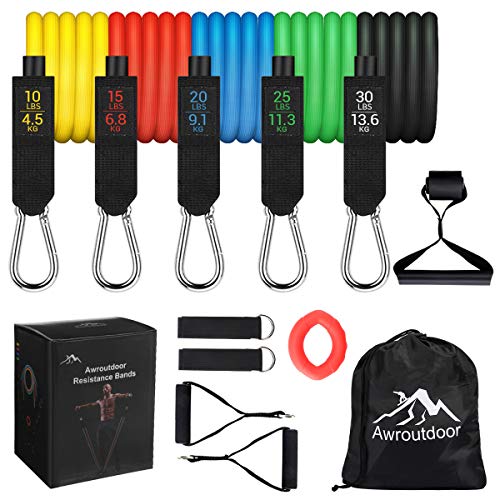 Awroutdoor Bandas Elásticas de Resistencia, Bandas de Fitness Set, 5 Tubos de Látex con Asas, Correas de Tobillo, Fortalecedor de Manos y Anclaje para Puerta, para Culturismo, Crossfit, Hombres