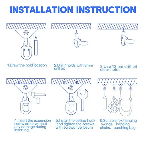 Awroutdoor Ganchos de Techo, Tarea Pesada 360 ° Girar Anclaje de Techo con 304 Acero Inoxidable,4 Tornillos para Hormigón y Madera Yoga, Hamacas, Sillón Colgante, Sacos de Boxeo, Capacidad 450Kg
