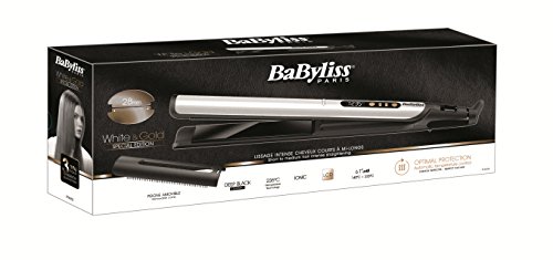 BaByliss ST455E Plancha de pelo Sensitive Edición Especial White&Gold, placas con cerámica negra anodizadas, 3 veces más suaves y duraderas, protección reforzada, iónica, 6 ajustes de 140º C-235º C