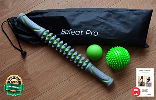 Bafeat Pro | Rodillo de masaje muscular palo con 2 pelotas Lacrosse | Liberación miofascial | Set completo para dolor de pies, piernas, espalda y cuello.+ Ebook con instrucciones de uso.