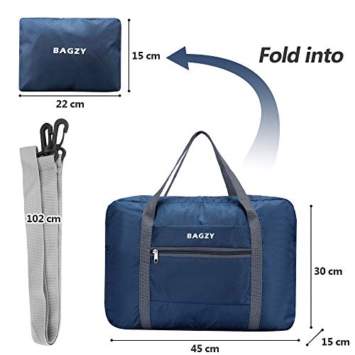 BAGZY Plegable Bolso de Viaje Grande Bolsa de Hombro de Gimnasio Bolsa Deportiva Mano Maleta de Viaje Weekend Cabina de Equipaje Bolso Holdall Bolsa Fines de Semana Equipaje Camping 30L Azul Oscuro