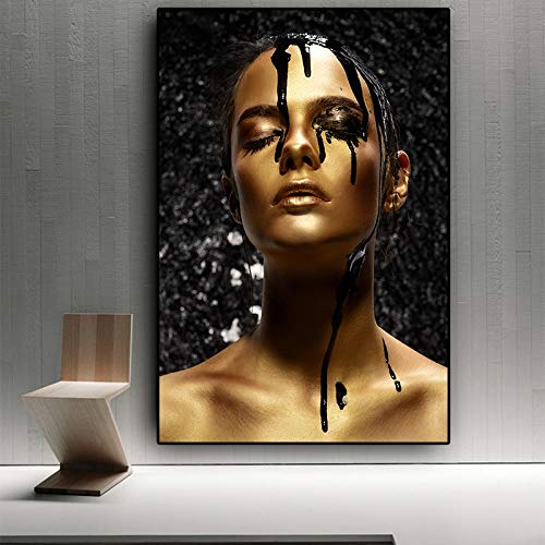 BailongXiao Nórdico Negro y Dorado Africano Arte Mujer Pintura al óleo Lienzo póster Sala Mural,Pintura sin Marco,40x60cm