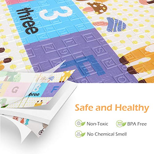 Bammax Alfombra de Juegos para Bebé Plegable, Colchoneta Infantil de Números y Dibujos Animados, Suelo Bebe de XPE, Alfombra de Doble Cara, Alfombra Impermeable, 177 x 197 cm,Grueso (1.5cm), No Tóxico