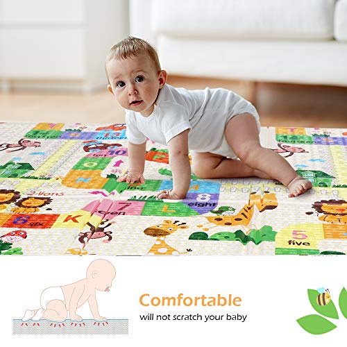 Bammax Alfombra de Juegos para Bebé Plegable, Colchoneta Infantil de Números y Dibujos Animados, Suelo Bebe de XPE, Alfombra de Doble Cara, Alfombra Impermeable, 177 x 197 cm,Grueso (1.5cm), No Tóxico