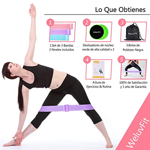 Bandas de Resistencia Set y Discos Doble Cara Deslizantes - Tela Bandas Elasticas de Fitness para Cadera, Abdominales, Muslo y La Pantorrilla - Bolsa, Entrenamiento y Folleto de Recetas Incluido