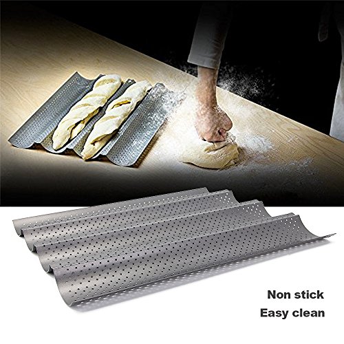 Bandeja para Hornear HTINAC, Antiadherente Perforada Francés Pan para hacer Galletas Bandeja para Hornear Pan 4 Barras Wave Baker