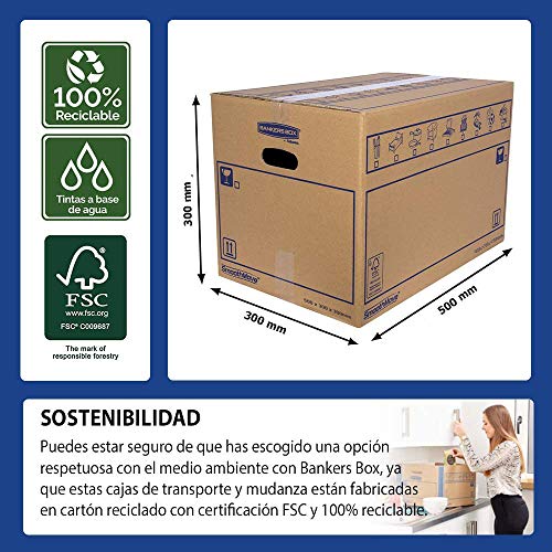 Bankers Box 6208201 Pack 10 Cajas de Cartón con Asas para Mudanzas, Almacenaje y Transporte Ultraresistentes, 45 Litros, Canal Doble Reforzado, 50 x 30 x 30 cm/Talla L