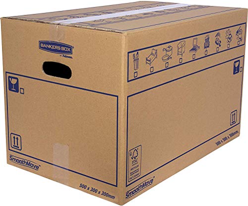 Bankers Box 6208201 Pack 10 Cajas de Cartón con Asas para Mudanzas, Almacenaje y Transporte Ultraresistentes, 45 Litros, Canal Doble Reforzado, 50 x 30 x 30 cm/Talla L