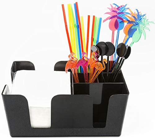 Bar Caddy Con 6 Compartimentos – Organizador Para Utensilios de Barra y Accesorios de Cocteles – Conjunto Incluye Bar Caddie, Servilletas, Agitores Varios, y Popotes – Almacenamiento Rellenable