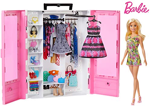 Barbie Fashionista Armario portable con muñeca incluida, ropa, complementos y accesorios de muñecas, regalo para niñas y niños 3-9 años (Mattel GBK12)