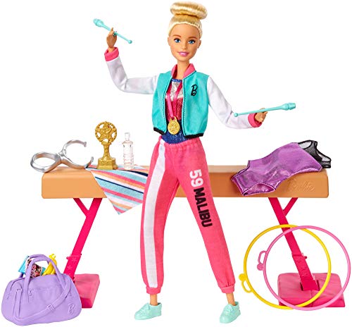 Barbie Olimpíadas, muñeca gimnasta, barra de equilibrios de juguete y más de 15 accesorios (Mattel GJM72)