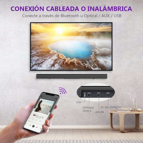 Barra de Sonido Bluetooth 4.2 de 32 Pulgadas, Sistema Bass réflex, Sonido Virtual Envolvente, Cable óptico Incluido, tecnología DSP, Negro