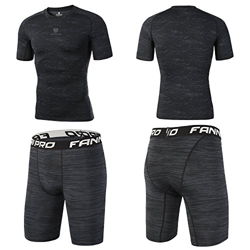 Barrageon Conjunto Camiseta de Compresión de Mangas Cortas y Pantalones Cortas Cortos para Hombre Baselayer Secado Rápido Slim Fit para Ejercicio Gimnasio Cross Training Correr Jogging-L