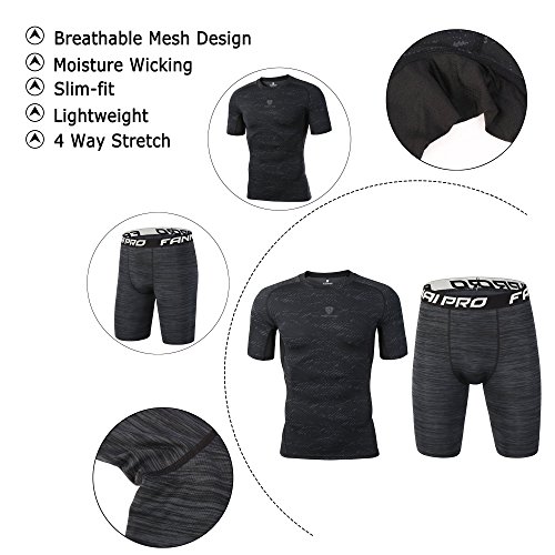 Barrageon Conjunto Camiseta de Compresión de Mangas Cortas y Pantalones Cortas Cortos para Hombre Baselayer Secado Rápido Slim Fit para Ejercicio Gimnasio Cross Training Correr Jogging-L