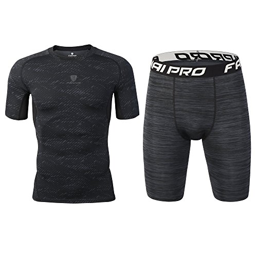 Barrageon Conjunto Camiseta de Compresión de Mangas Cortas y Pantalones Cortas Cortos para Hombre Baselayer Secado Rápido Slim Fit para Ejercicio Gimnasio Cross Training Correr Jogging-L