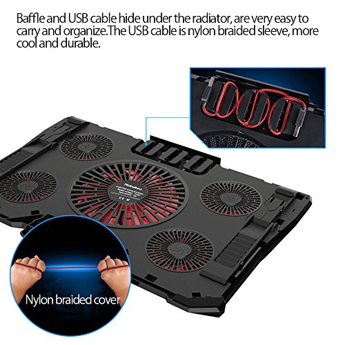 Base de Refrigeración para Ordenador Portátil 12"-17.3", Base Portatil Gaming de enfriamiento Rápido con LED Rojo, 5 Ventiladores Ultra Silenciosos, 2 Puertos USB, 7 Niveles de Diseño Ajustable