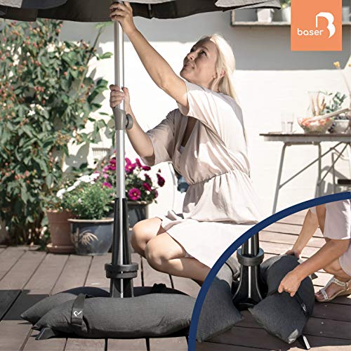 Baser Soporte para sombrilla con Sacos de Arena rellenables 30kg / 40kg / 50kg | Alternativa al Soporte de sombrilla de Granito con Ruedas | Recargable y con asa de Transporte (30kg, Gris Oscuro)