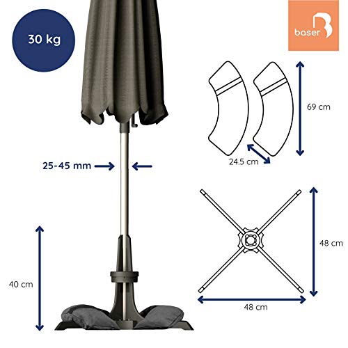 Baser Soporte para sombrilla con Sacos de Arena rellenables 30kg / 40kg / 50kg | Alternativa al Soporte de sombrilla de Granito con Ruedas | Recargable y con asa de Transporte (30kg, Gris Oscuro)