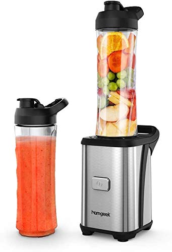 Batidora de Vaso individual, homgeek Licuadora Portatil 350W para Smoothies, Frutas y Verduras, Incluye 2 Botellas de 600 ml, Cuerpo de Acero Inoxidable, Operación con Solo Botón, Sin BPA, Plata