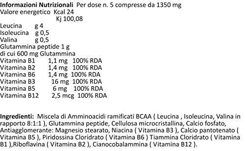 BCAA 8 1 1 Aminoácidos Ramificados 200 Tabletas 270 gr con Péptido de Glutamina y Vitaminas del Grupo B 8 Leucina. 1 Isoleucina 1 Valina Masa Muscular Aumentada Promueve la Recuperación