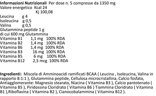 BCAA 8 1 1 Aminoácidos Ramificados 200 Tabletas 270 gr con Péptido de Glutamina y Vitaminas del Grupo B 8 Leucina. 1 Isoleucina 1 Valina Masa Muscular Aumentada Promueve la Recuperación