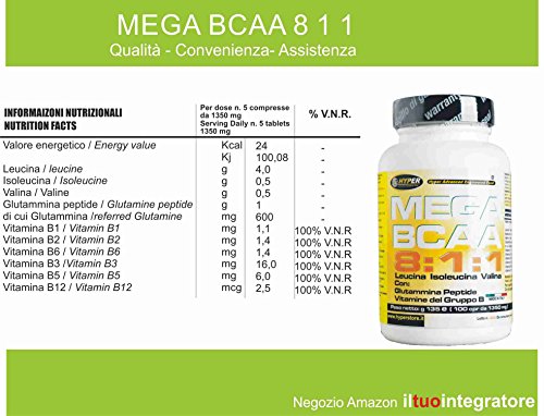 BCAA 8 1 1 Aminoácidos Ramificados 400 Tabletas 540 gr con Péptido de Glutamina y Vitaminas del Grupo B 8 Leucina. 1 Isoleucina 1 Valina Masa Muscular Aumentada Promueve la Recuperación