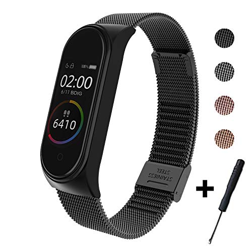 BDIG Correa Compatible para Xiaomi Mi Band 4 Correas Metal, Pulsera de Acero Inoxidable Agradable para Mi Band 4 Correa (No Host) (Melan Negro)