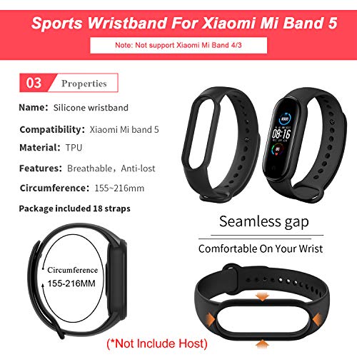 BDIG Pulsera Correas para Xiaomi Mi Band 5, Colorido Suave Silicona Pulsera Impermeable, Pulsera Correa para Xiaomi Mi Band 5, 18PCS