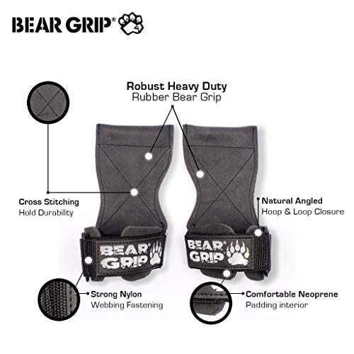 Bear Grip - Guantes para levantamiento de pesas, con correas y ganchos extraadherentes, resistentes