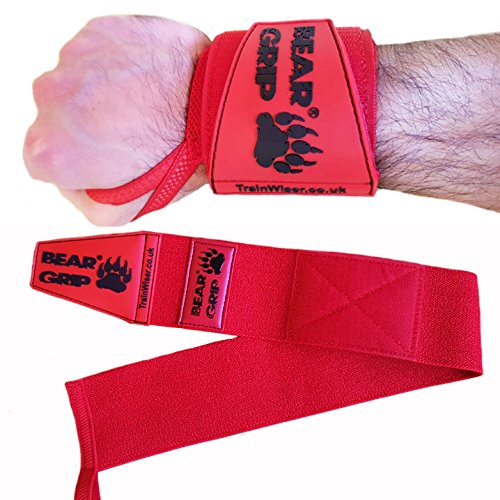 Bear Grip – Premium Heavy Duty 24 "muñequeras para levantamiento de peso, culturismo, Crossfit, levantamiento de potencia, Strongman, rojo