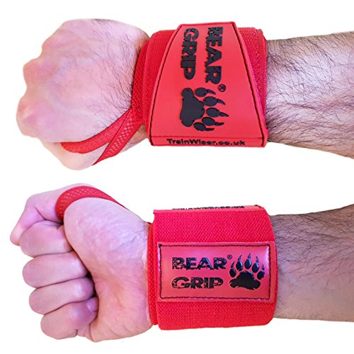 Bear Grip – Premium Heavy Duty 24 "muñequeras para levantamiento de peso, culturismo, Crossfit, levantamiento de potencia, Strongman, rojo