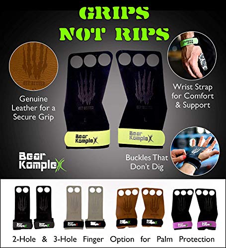 Bear KompleX 2 Hole Gymnastics Grips Are Great for WODs, pullups, Weight Lifting, Chin ups, Cross Training, Exercise, Kettlebells, and More. Protect Your Palms from Rips and tears! LRG 2hole Grey