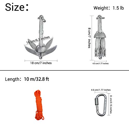 BeGrit Kit de Anclaje de Barco Pequeño, Plegable, Acero al Carbono, para Canoa Jet, esquí, Sup y Tabla de Paddle,0,7 kg con Bolsa de Transporte de Cuerda de Remolque DE 10 m