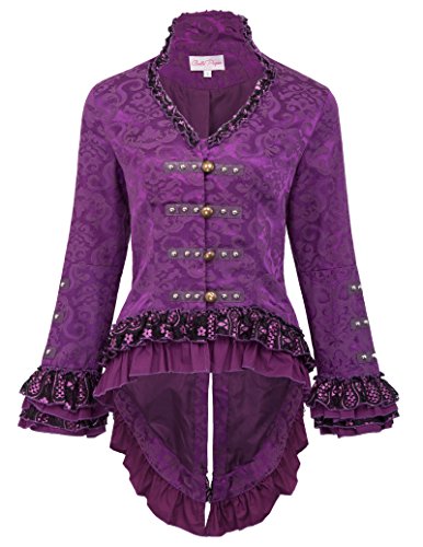 Belle Poque Mujeres Chaqueta Negra Botonaduras Dobladillos Encajes Forales De Cola M 3#