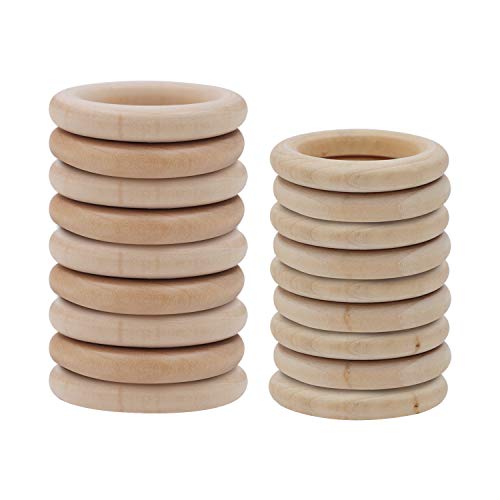 Belle Vous Anillas Madera (Pack de 20) - 10 (70mm) y 10 Anillas (55mm) Aros de Madera con Cordel Natural (50m) Para Manualidades, Cortina, Macramé y Conectores de Joyas