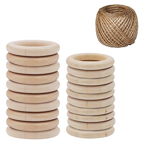 Belle Vous Anillas Madera (Pack de 20) - 10 (70mm) y 10 Anillas (55mm) Aros de Madera con Cordel Natural (50m) Para Manualidades, Cortina, Macramé y Conectores de Joyas