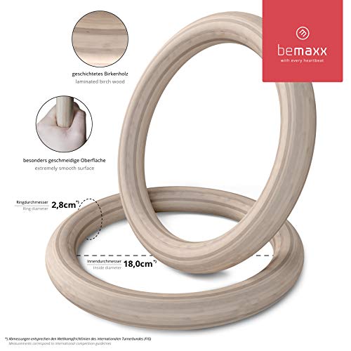 BeMaxx Anillas de Gimnasia de Madera Fitness + Anclaje para Puerta & guía de Ejercicios | Set de Entrenamientos gimnásticos & Correa + Hebillas | Crossfit, Gimnasio, Deporte en casa | Adultos, niños