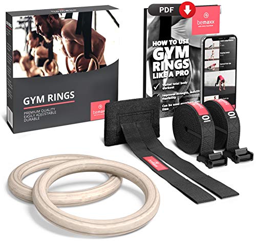 BeMaxx Anillas de Gimnasia de Madera Fitness + Anclaje para Puerta & guía de Ejercicios | Set de Entrenamientos gimnásticos & Correa + Hebillas | Crossfit, Gimnasio, Deporte en casa | Adultos, niños