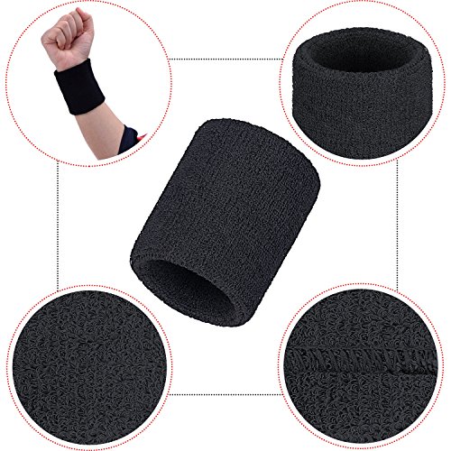 Bememo 12 Piezas de Muñequera Deportiva Pulsera Banda de Algodón para Hombres y Mujeres, Buena para Tenis, Baloncesto, Correr, Gimnasio, Ejercicio (Negro)