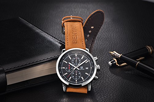 BENYAR Cuarzo cronógrafo Impermeable Relojes Business Casual Deporte Banda Correa de Piel Reloj de Pulsera