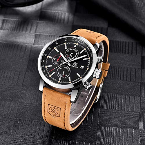 BENYAR Cuarzo cronógrafo Impermeable Relojes Business Casual Deporte Banda Correa de Piel Reloj de Pulsera