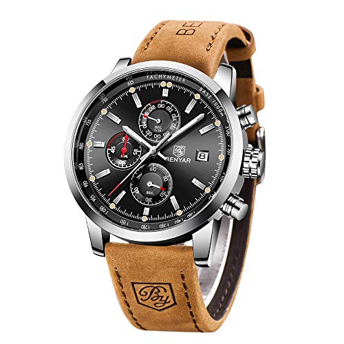 BENYAR Cuarzo cronógrafo Impermeable Relojes Business Casual Deporte Banda Correa de Piel Reloj de Pulsera