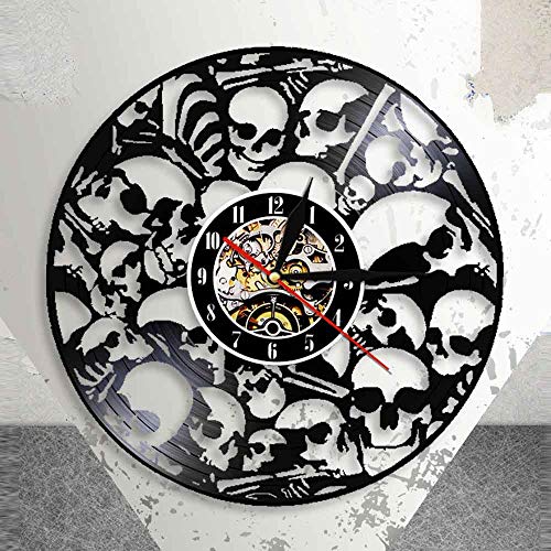 BFMBCHDJ Reloj de Pared con Cabezas esqueléticas muertas Marca de Disco de Vinilo Cráneos Apilados Colgantes Vintage Arte de Pared Decoración de Terror de Halloween Reloj de Vinilo